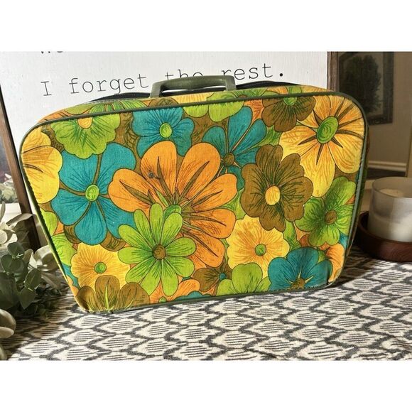 Vintage Retro Small Suitcase Carrying Case Trunk‎ Mid Century Floral Mod Hippie - Picture 6 of 13